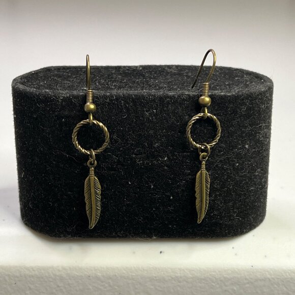 Bronze Feather Drop Earrings With Twisted Ring Design - Picture 5 of 8
